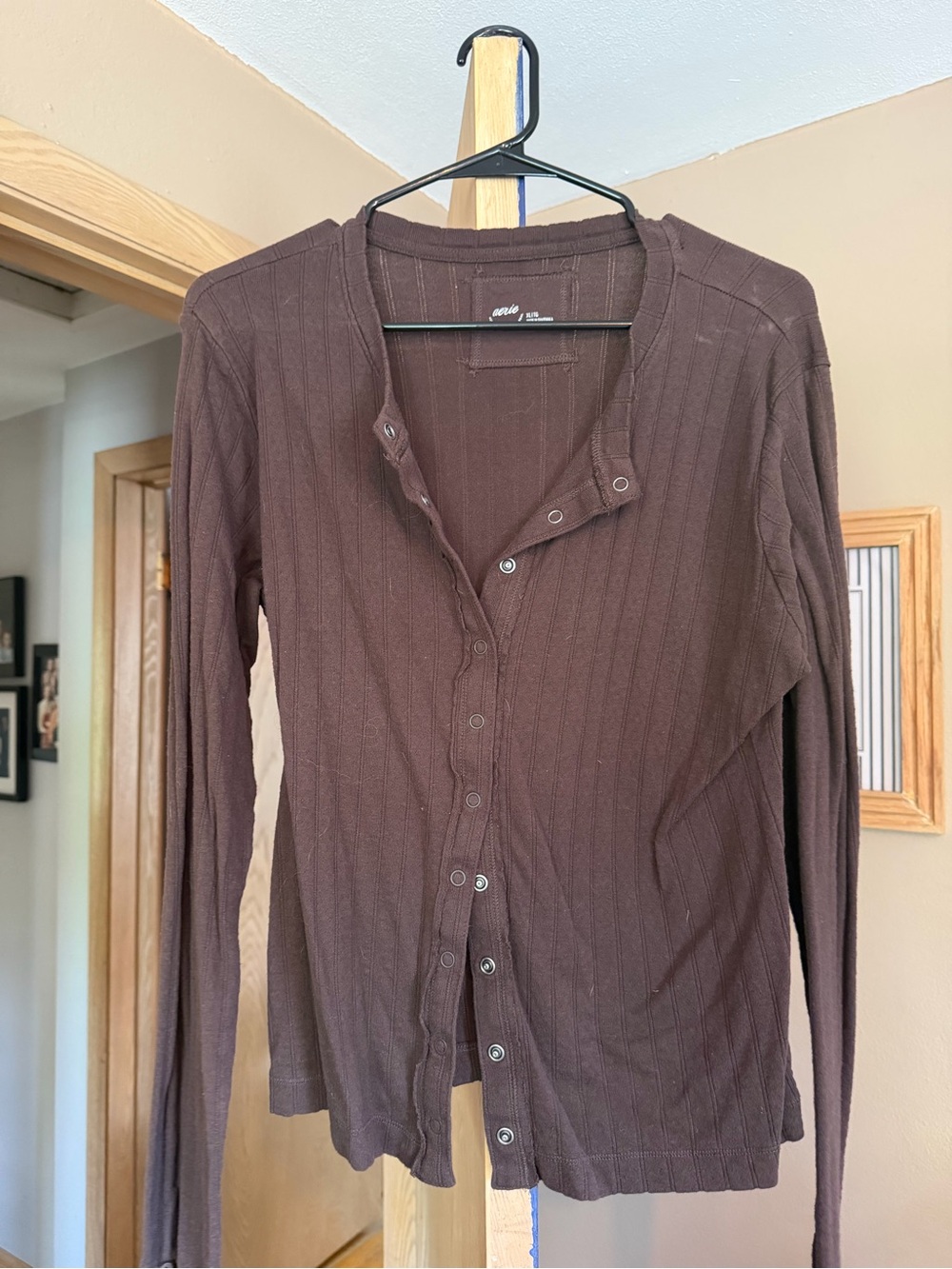 aerie Dark Brown Ribbed Button-Up Long Sleeve Top